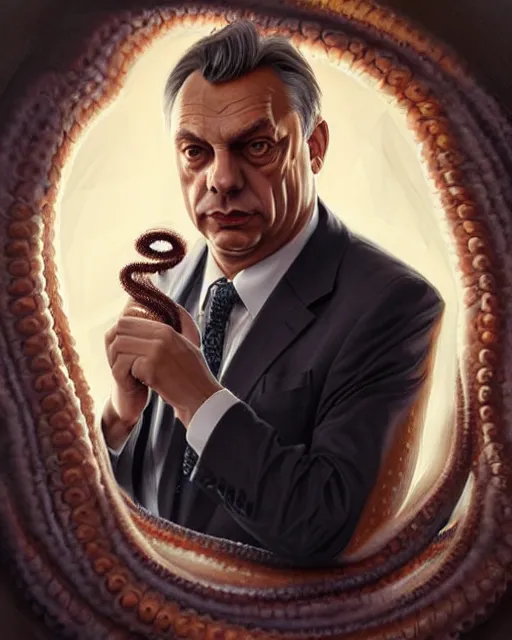 Image similar to portrait of viktor orban with lovecraftian tentacles, elegant, real life skin, intricate artwork, high detailed, artstation, concept art, smooth, sharp focus, art by artgerm and greg rutkowski @ ruprechy