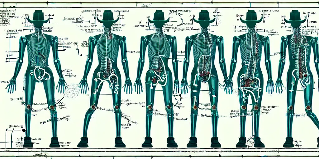 Image similar to technical diagram blueprint of anthropomorphic anatomical sip technician, cyborg cowboy technical diagram, telepathic intravenous drip body augmentation, anthropomorphic nootropic commission system, humanoid cowboy snake man machine blueprint, performance enhanced salesman anatomy, biological locomotive fusion engine, snake oil sip tech technical blueprint plan with subtle purple green iridescent sheen, automated inbuilt anti grease mechanism