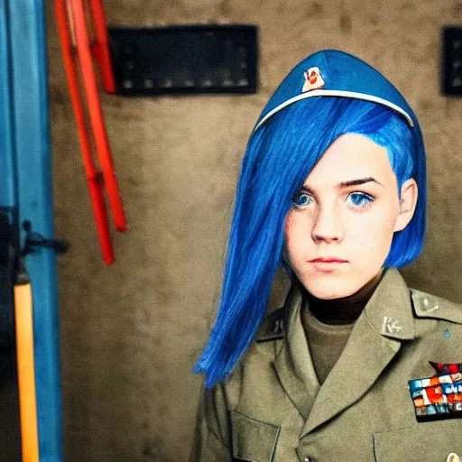 Image similar to girl in military uniform with short blue hair and sharp haircut in the style of Enki Bilal