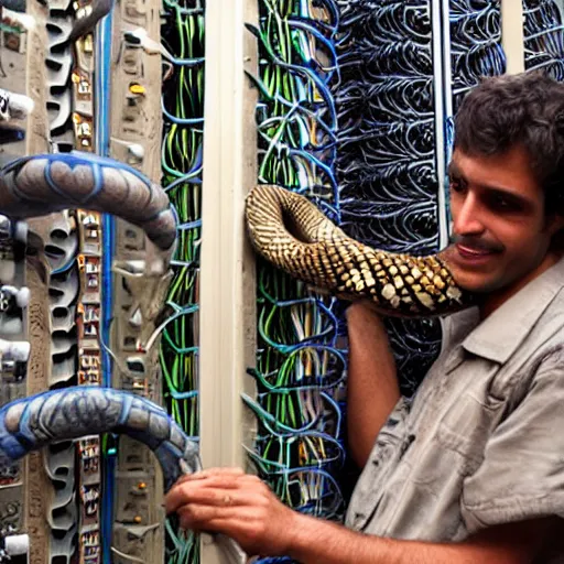 Image similar to a snake charmer hacker charming wires and cables from a supercomputer