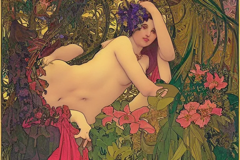 Prompt: “the goddess BABALON laying on her side; surrounded by exotic jungle flowers and parrots. In the art style of Alphonse mucha and rutkowski.”