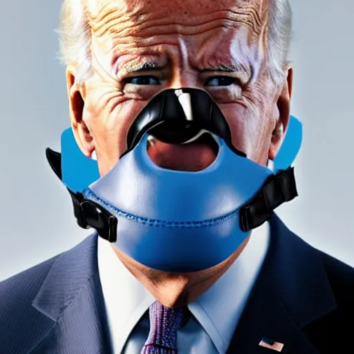 Image similar to uhd candid photo of joe biden wearing a anti - biting muzzle, with accurate face, real anti - biting muzzle, uhd, studio lighting, correct face, photo by annie leibovitz