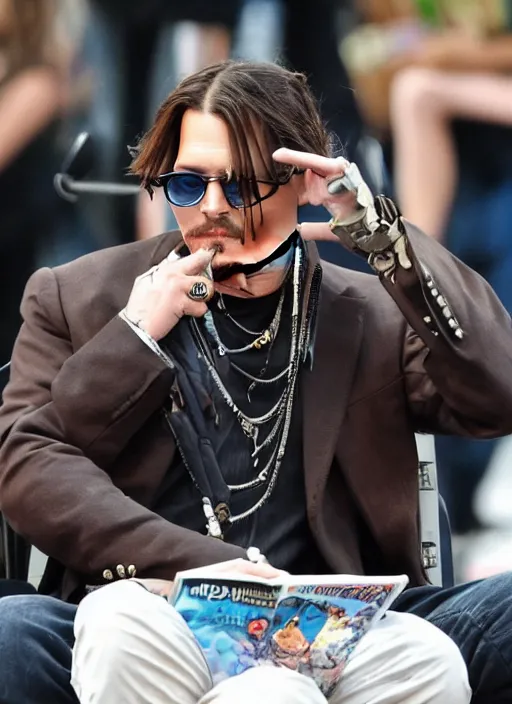 Image similar to johnny depp reading a comic book about a robot from