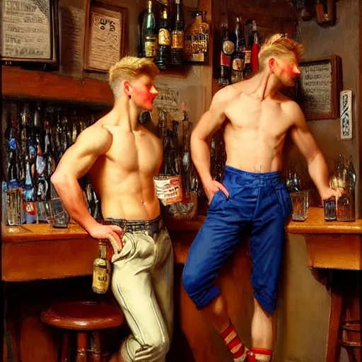 Image similar to attractive maculine male with brunet hair and attractive masculine male with blond hair. pants and shorts, drinking their hearts out, in a pub. highly detailed and very defined painting by j. c. leyendecker, gaston bussiere, craig mullins 8 k