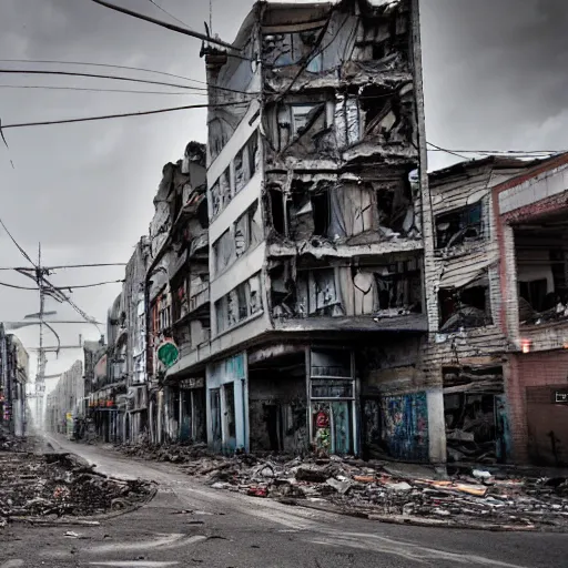 Image similar to an apocalyptic derelict city street with destroyef buildings on the sides