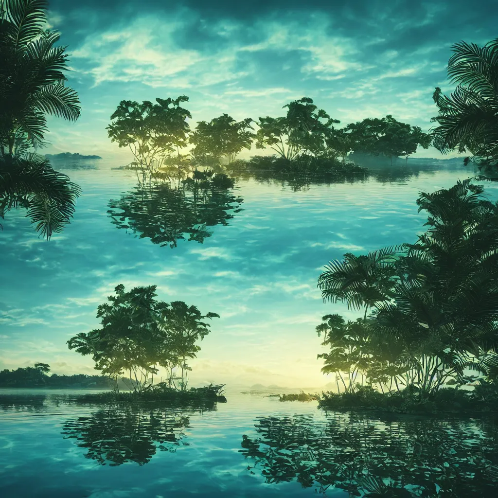 Image similar to island on a beautiful serene lake, ripples, tropical foliage intricate details, reflections, ripples, album cover, glowing sky, hyperdetailed illustration, octane render, low light