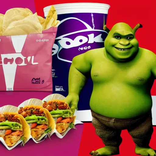 Prompt: shrek devouring bag upon bag of taco bell