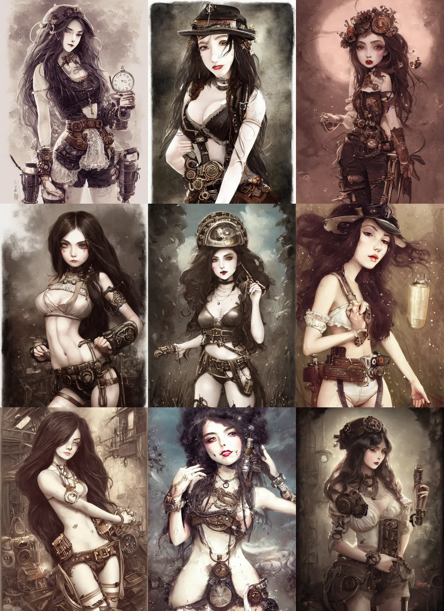 Image similar to daguerreotype of beautiful steampunk girl, white skin, long brunette hair, lipstick, short pants, belts, black croptop, junkyard, high fantasy, highly detailed, digital illustration, by rossdraws, sakimichan frank franzzeta