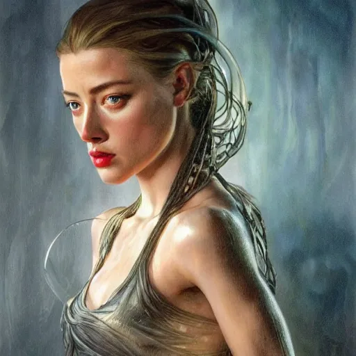 Image similar to Amber Heard, physically accurate, dramatic dynamic lighting, intricate, elegant, highly detailed, digital painting, artstation, very hyperrealistic, HR GIGER, Hieronymus Bosch, Francis Bacon, concept art, smooth, sharp focus, illustration, art by artgerm and greg rutkowski and alphonse mucha