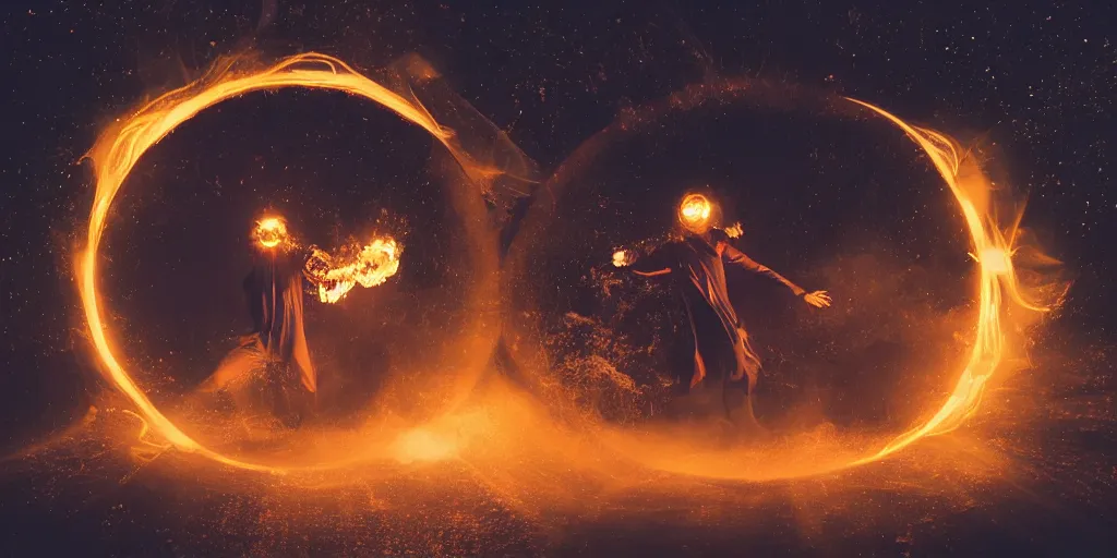 Image similar to VHS music video fisheye slow motion with honeycomb fire and smoke effect through a portal of futuristic break dancer wearing long dark cloak and golden helmet emitting fire and crystals, long exposure shot , enigmatic, at night half submerged by water, paddle of water, steam, fog, water splashes, rim lights, glossy reflections, water droplets on lens, octane render, Volumetric dynamic lighting, stunning cover magazine, high details, hajime sorayama