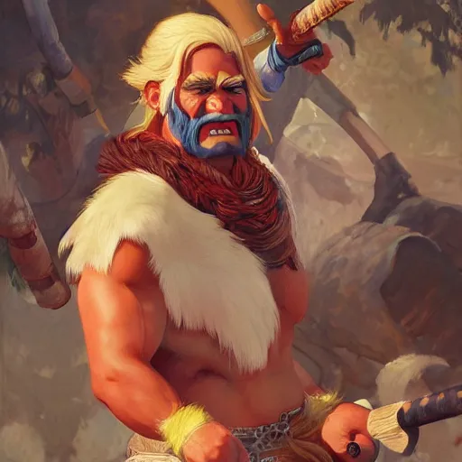 Image similar to a painted portrait of a cartoon character that has been brought to the real world, a a barbarian with a kind heart, the setting is a normal suburban backyard by huang guangjian and gil elvgren and sachin teng, 8 k,