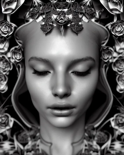 Image similar to mythical dreamy black and white profile face portrait of translucent beautiful female angelic - human - queen - vegetal - cyborg, highly detailed, intricate crystal ivy jelly ornate, poetic, translucent roses ornate, 3 d render, digital art, octane render, 8 k artistic photography, photo - realistic, by dora maar