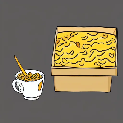 Image similar to a hand drawn cartoon illustration of a box of mac and cheese holding a cup of mac and cheese