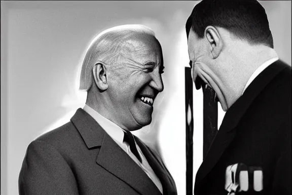 Image similar to “ very very intricate photorealistic photo of hitler and joe biden laughing together, detailed natural lighting, award - winning crisp details ”