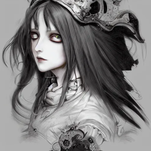 Image similar to portrait of alice, alice madness returns, baroque style, elegant, beautiful, mesmerizing, concept art, fancy clothing, highly detailed, artstation, behance, deviantart, inspired by innocent manga, inspired by castlevania concept art, trending, ayami kojima, shinichi sakamoto