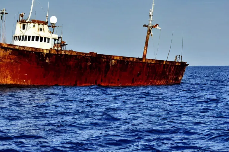 Image similar to high quality photo of old rusty ship in the middle of ocean