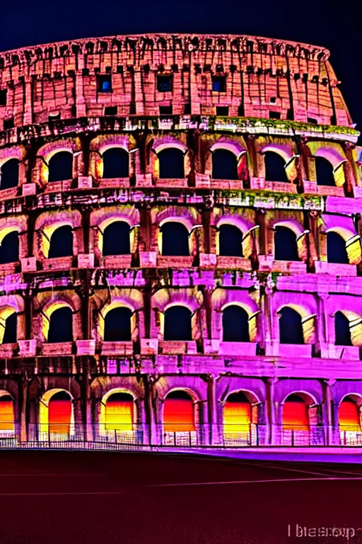 Image similar to neon streets of rome colosseum, 4 k, award winning photo