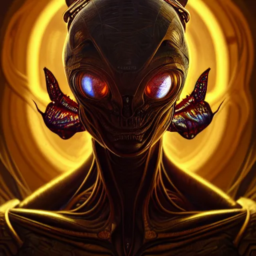 Prompt: hyper advanced alien evolved from a locust, sci fi, glowing eyes, volumetric lights, gold theme, art nouveau botanicals, intricate, highly detailed, digital painting, artstation, concept art, smooth, sharp focus, cinematic, illustration, beautiful face, art by artgerm and greg rutkowski and alphonse mucha