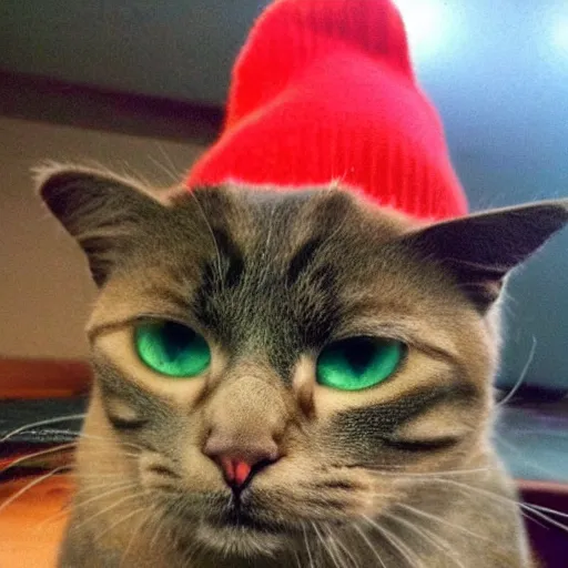 Prompt: A low quality dark photo of a cat with red eyes smoking weed and wearing a beanie, it is very stoned and tired