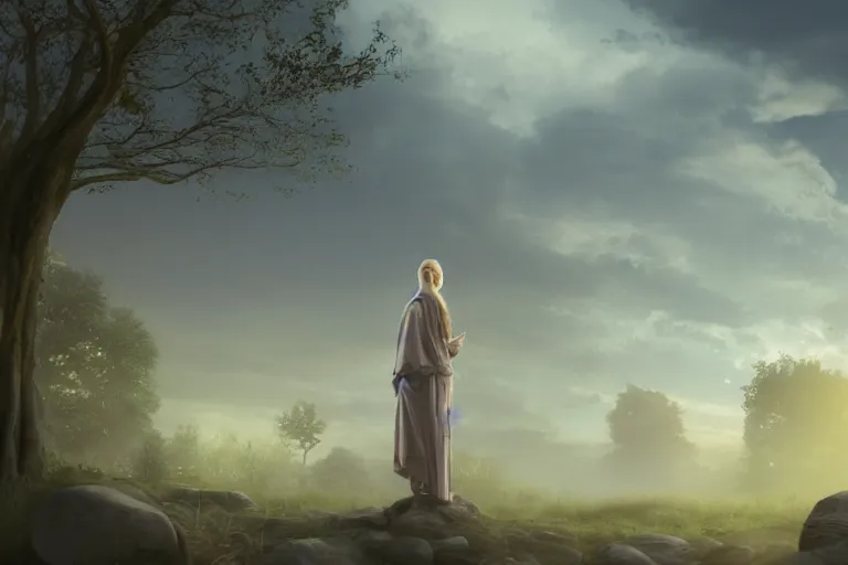 Image similar to scene with a beautiful realistic blond priestess, 30 years old woman, praying in an antic sanctuary, in front of the horizon at dawn, some clouds, runic stones and columns in the background, some trees, cinematic light, digital painting by Magali Villeneuve and wlop, atmospheric effects, fireflies, 4K, artstation, deviantart