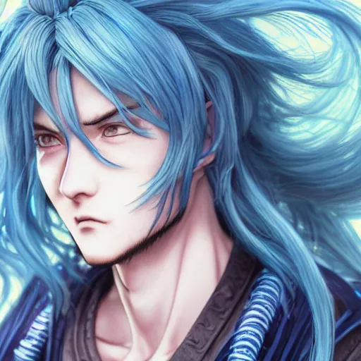 Image similar to an immortal xianxia cultivator with long blue hair as an absurdly handsome, elegant, young anime man, ultrafine hyperrealistic detailed face illustration by kim jung gi, irakli nadar, intricate linework, sharp focus, bright colors, matte, gujian, final fantasy, unreal engine highly rendered, global illumination, radiant light, intricate environment