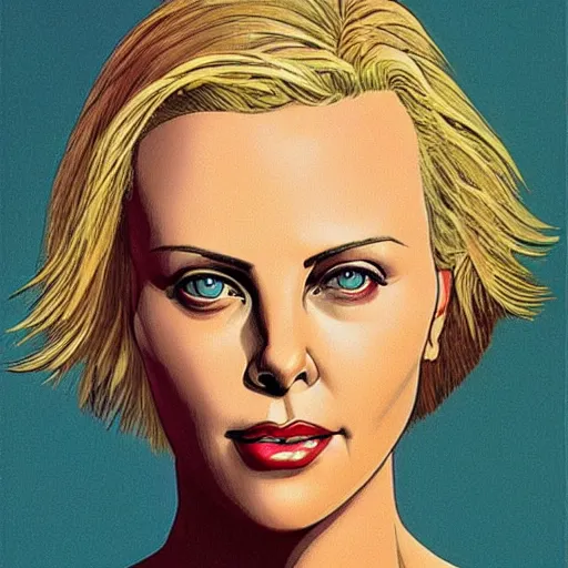 Image similar to “ charlize theron retro minimalist portrait, moebius, by jean giraud, 8 k ”