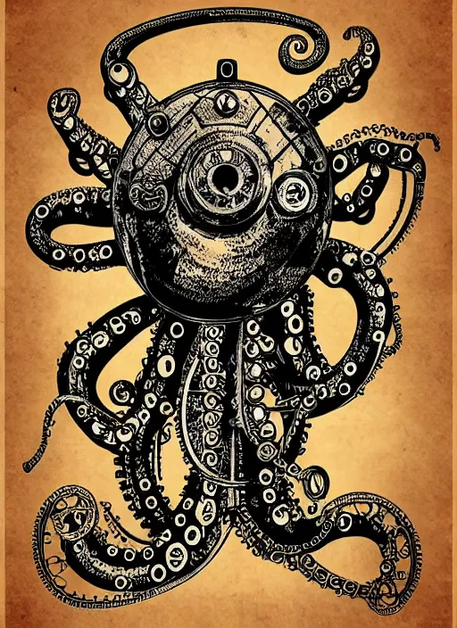 Prompt: steampunk clockwork robotic octopus, hand drawn illustration, old - fashioned poster style, highly detailed vector art