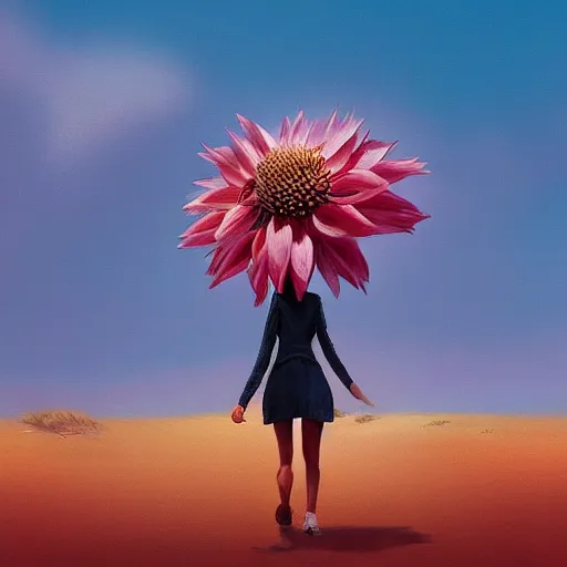 Image similar to closeup giant dahlia flower head, girl walking between dunes, surreal photography, sunrise, blue sky, dramatic light, impressionist painting, digital painting, artstation, simon stalenhag