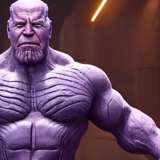 Image similar to Joe Biden cast as Thanos, still from marvel movie, hyperrealistic, 8k, Octane Render,