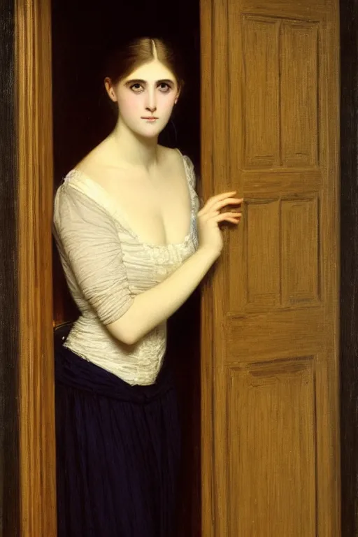 Image similar to girl under moonlight by auguste toulmouche, dark dreamy lighting, perfectly detailed eyes, beautiful hands, pale skin, blonde hair, leaning on door