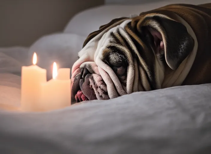 Image similar to a closeup, 4 5 mm, portrait of a sleeping english bulldog in a bed, on a pillow, candle light, 4 5 mm, by franz lanting