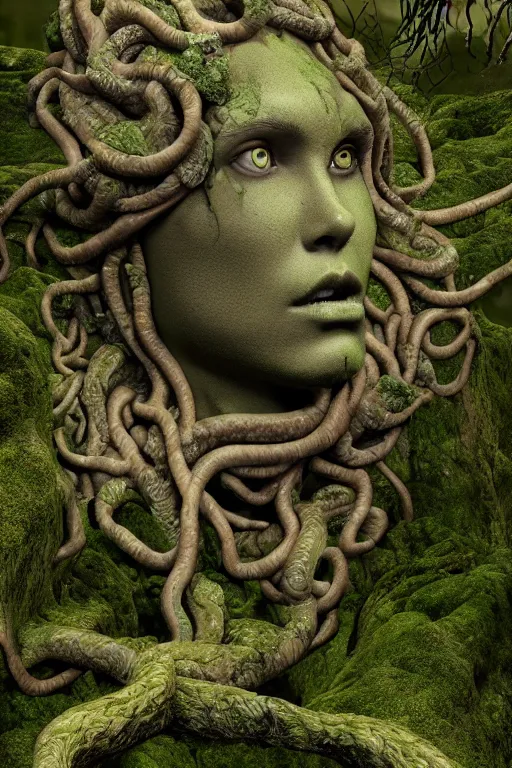 Image similar to giant medusa head of stone, mossy stone, deep jungle, octane render, unreal engine, trending on artstation, ultra detailed, realistic, cinematic lighting, astmopheric, 8 k