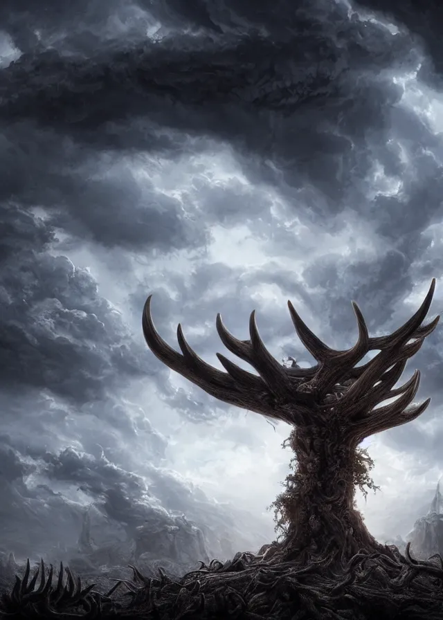 Prompt: a highly detailed matte painting of a colossal extremely broad - based stone antler tree like a hand reaching for the heavens, nightmare landscape of antlers and horns and thorns and talons made of stone, plasma lightning and clouds, ominous, foreboding, moody, hyperdetailed, 8 k hd, concept art, artstation, deviantart, cg society,