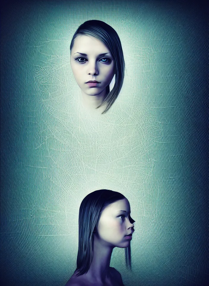 Prompt: symmetry!! cancer!!!! a portrait of a beautiful girl with computer science readouts and graphics overlaid textures, canvas texture in the style of contemporary art complex, dramatic lighting, intricate, highly detailed, sharp focus, luminous