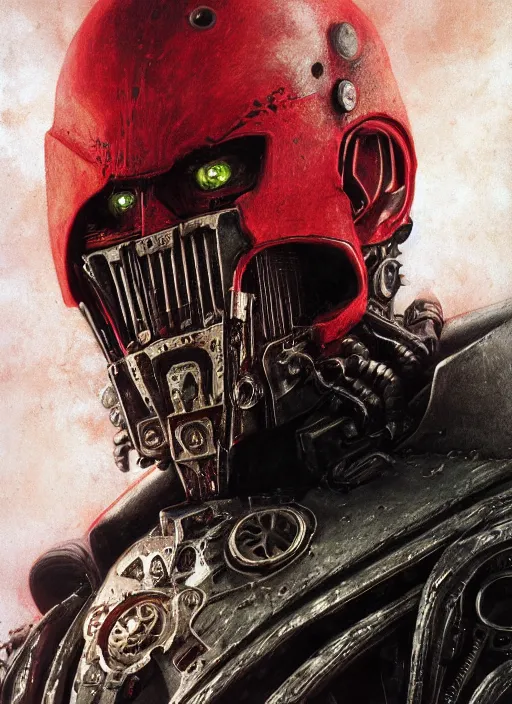 Image similar to portrait of rotten Nicolas Cage as adeptus mechanicus in red hood and robe from Warhammer 40000. Highly detailed, artstation, illustration by and John Blanche and zdislav beksinski and wayne barlowe