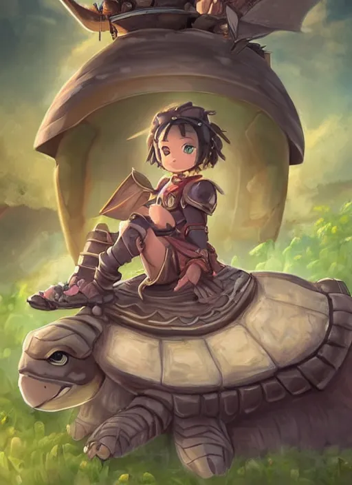 Image similar to portrait of a little warrior girl character sitting on top of a giant armored turtle in the desert, studio ghibli epic character with dark skin and beautiful green eyes, very beautiful detailed symmetrical face, long black hair, realistic legs, bright colors, diffuse light, dramatic landscape, fantasy illustration