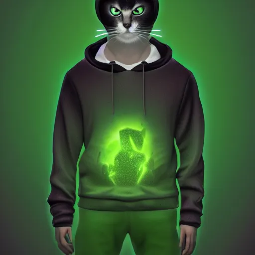 Prompt: a hacker cat, green hoodie accomplished look, dark background, shadows, portrait, fantasy, matte painting, bold shapes, hard edges, octane render, unreal engine