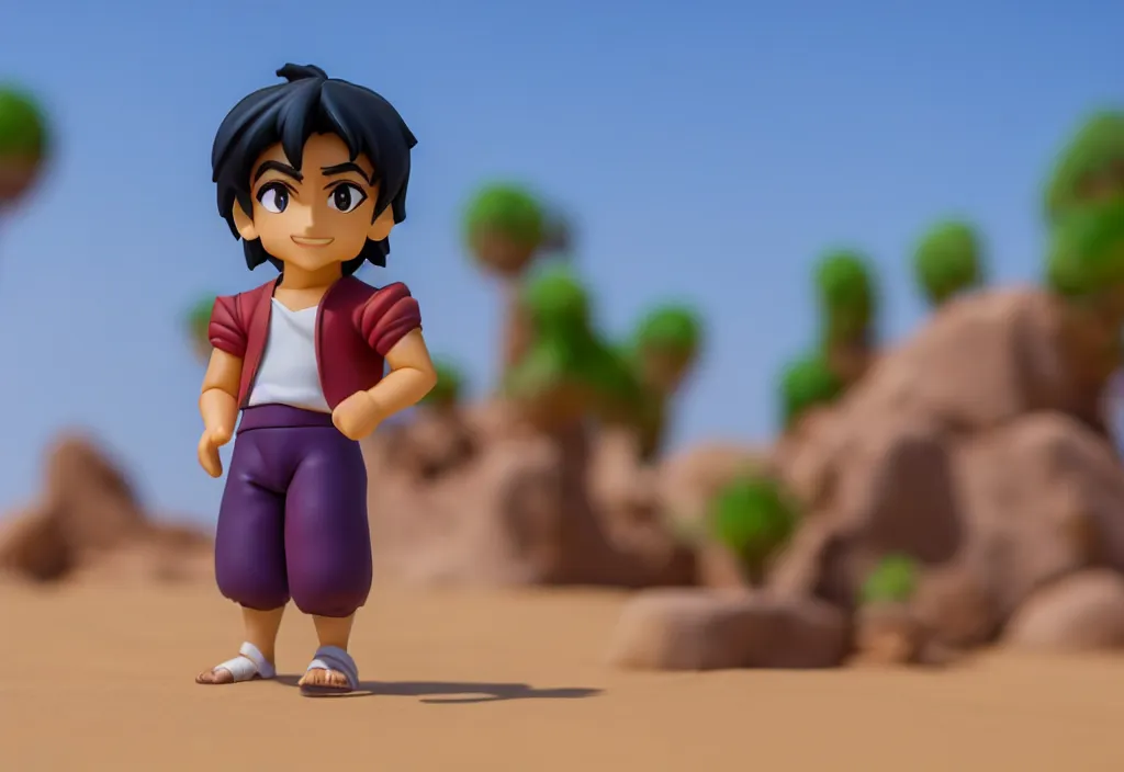 Image similar to side view of young aladdin as nendoroid running in desert village, 8 k hd dof, kodak film,