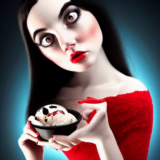 Prompt: cute girl in red dress with black hair and large beautiful eyes consuming ice cream in her bed, digital art, full body shot, perfect symmetrical body, perfect symmetrical face, coherent symmetrical eyes, by peter kemp, by monia merlo, hyperdetailed, octane render, 8 k