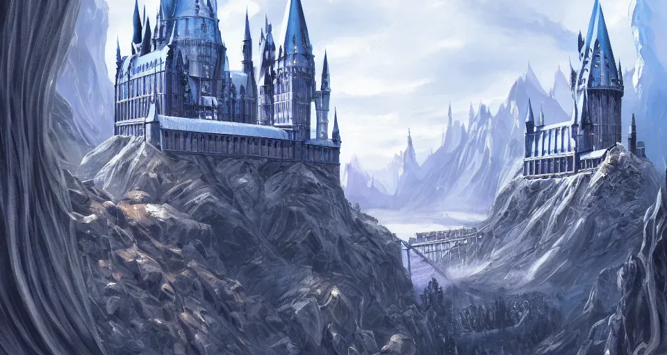 Prompt: a super detailed beautiful painting of hogwarts by shaddy safadi, 8 k, blue hue, warm lighting, cyberpunk trending on artstation