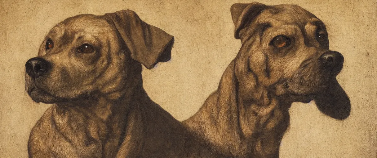 Image similar to studio portrait of a wizened old dog; extremely detailed; oil painting by Leonadro da Vinci