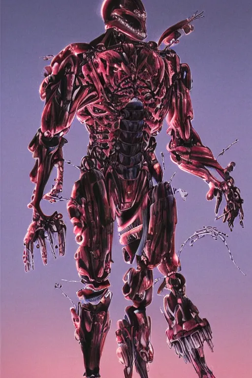 Image similar to beefy biomechanical soldier enhanced using a nanosuit with biological muscle under the armor plating, at dusk, a color cover illustration by tsutomu nihei, tetsuo hara and katsuhiro otomo