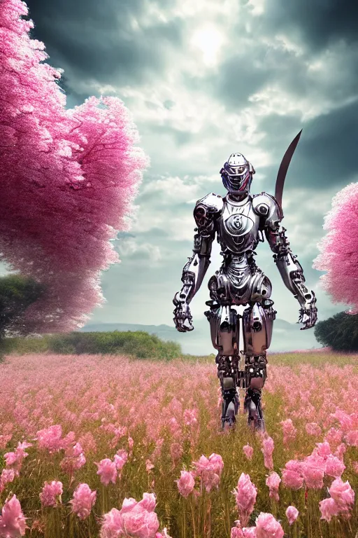 Image similar to ultrarealistic cinematic cyborg dragon holding sword in a field of pale pink flowers, highly detailed smooth digital art masterpiece, vitaly bulgarov artgerm dramatic light, ground angle uhd 8 k, sharp focus