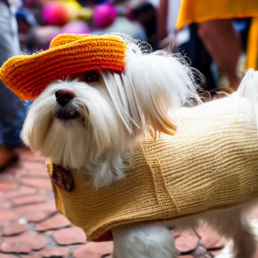 Image similar to a cream-colored Havanese dog wearing a knitted cinco de mayo poncho and hat at a fiesta in Mexico, Leica 35mm, 4K