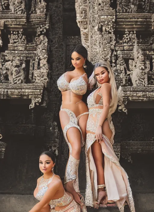 Image similar to portrait of lindsey pelas and demi rose wearing kebaya in bali temple, by charlotte grimm, natural light, detailed face, beautiful features, symmetrical, canon eos c 3 0 0, ƒ 1. 8, 3 5 mm, 8 k, medium - format print, half body shot