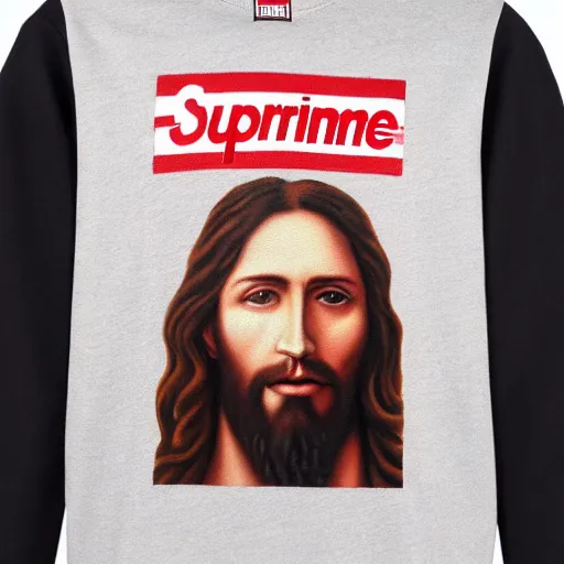 Image similar to an oil painting showing jesus wearing a supreme t - shirt underneath a gucci hoddie, 4 k, highly detailed