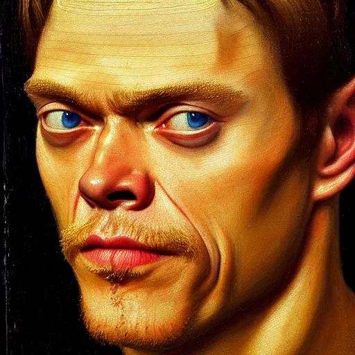 Prompt: portrait of the son of chris hemsworth willem dafoe steve buscemi, dane dehaan, oil painting by jan van eyck, northern renaissance art, oil on canvas, wet - on - wet technique, realistic, expressive emotions, intricate textures, illusionistic detail