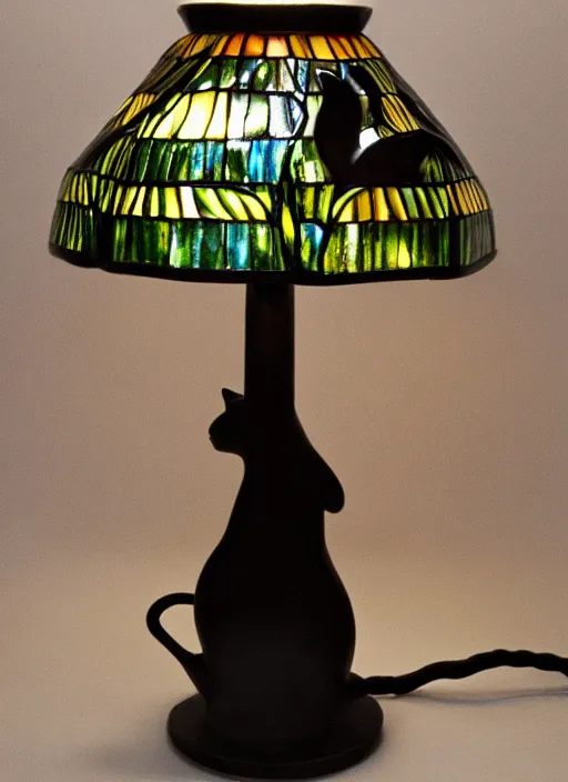 Image similar to a lamp in the shape of a cat with black accents designed by louis comfort tiffany