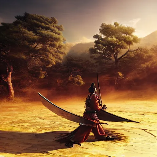 Image similar to “high quality photorealistic concept art of samurai wars in landscape , cinematic angle, golden hour, horizon, super detail, octane render”