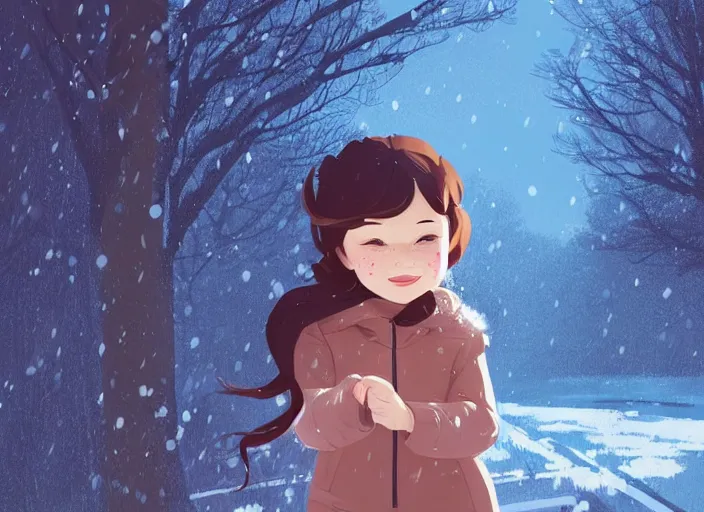 Image similar to little girl with short wavy curly light brown hair catching snowflakes in the snow. clean cel shaded vector art. shutterstock. behance hd by lois van baarle, artgerm, helen huang, by makoto shinkai and ilya kuvshinov, rossdraws, illustration, art by ilya kuvshinov